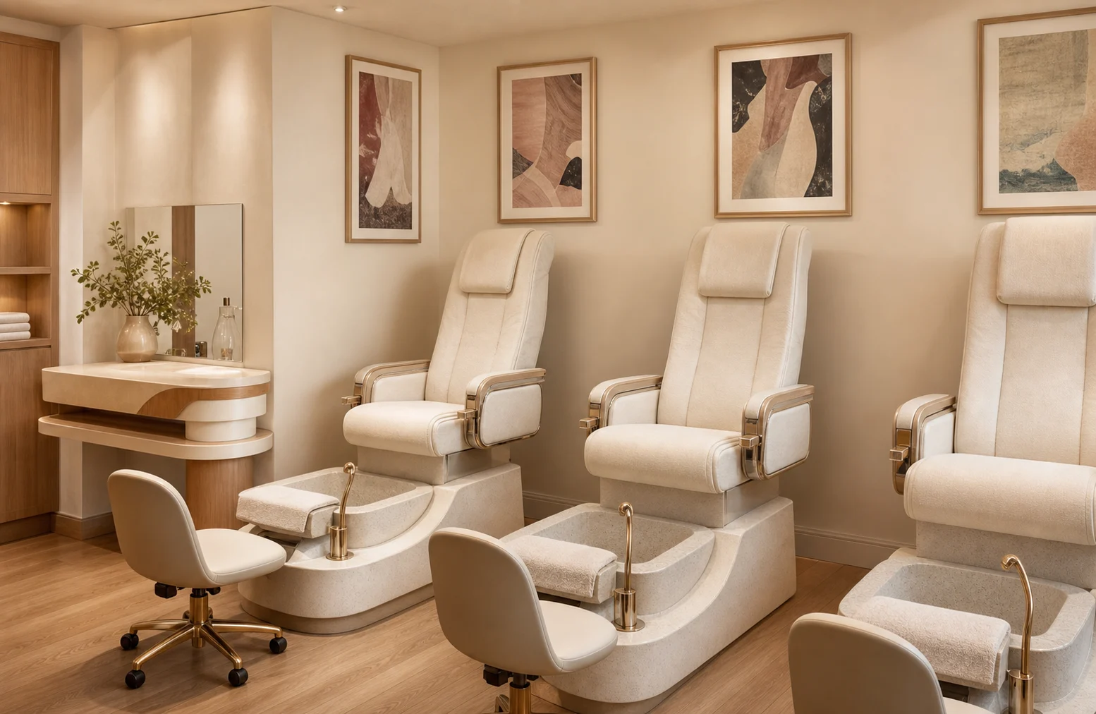 Lounge pédicure Ongles Techniques rénové dans des tons crème et bois clair